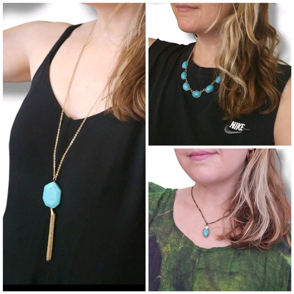 Faux Turquoise Howlite Necklace Dainty Delicate BUNDLE Chain Tassel Boho Fairy